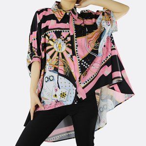 High Low Hem Oversized Batwing Short Sleeve Baroque Lux Print Top Blouse